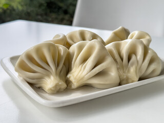 traditional georgian dumplings, georgian dumplings called khinkali, with their distinctive pleated shape, are seen uncooked or steamed on a white plate