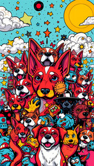 A colorful cartoon illustration featuring an array of smiling dogs against a vibrant, dreamy sky.