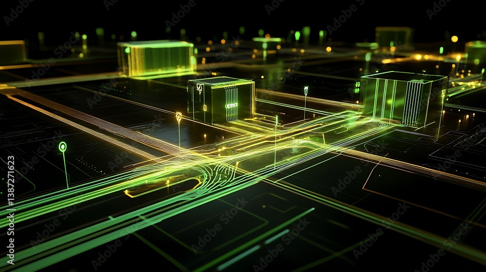 Poster a sleek, modern circuit design with thin neon-green lines and glowing nodes, resembling an interconn