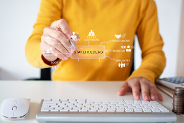 Stakeholders concept. Person touching stakeholders icon on virtual screen for business finance stakeholder investment management. Different stakeholders contact collaboration for company organization