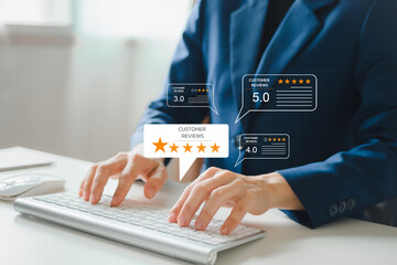 Business Professional Analyzing Customer Reviews. Five-Star Rating and Positive Feedback on Digital Tablet for Corporate Success, Customer review.