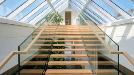 Modern staircase with floating wooden steps, glass railings, and a glass ceiling allowing natural light to illuminate the interior space.