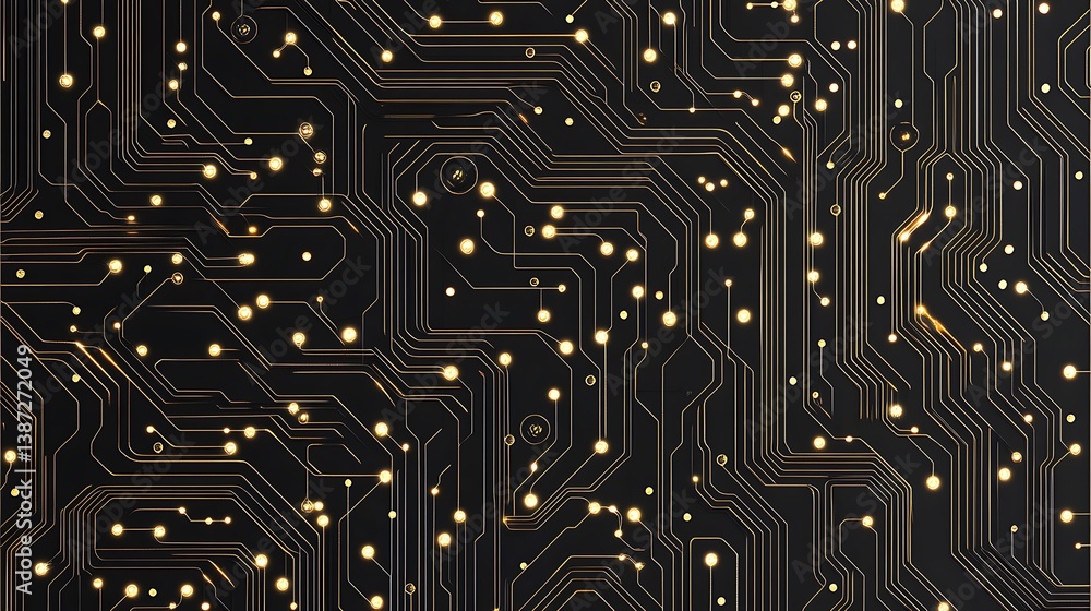 Poster a sophisticated circuit pattern with fine lines and glowing dots on a dark backdrop, resembling a fu