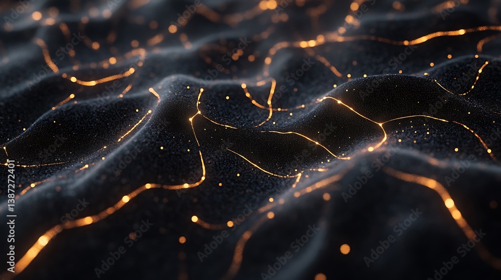 Poster a sophisticated circuit pattern with fine lines and glowing dots on a dark backdrop, resembling a fu