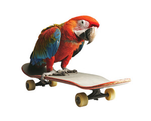 parrot sitting on skateboard, showcasing vibrant colors and rebellious attitude. This unique scene...