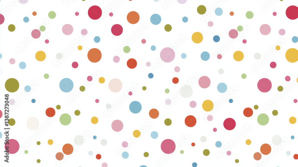 Poster colorful polka dot pattern on white background, featuring various sizes and shades of circles, creat