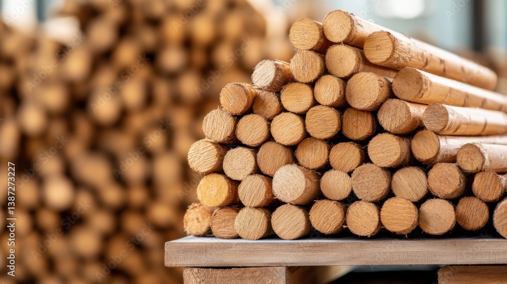 Poster stack of natural wooden poles on display in a well-lit workshop environment for crafting and buildin
