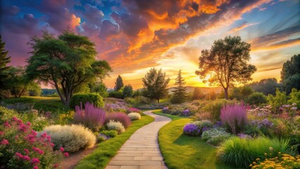 Fototapeta premium Serene Sunset Pathway Through a Vibrant Garden of Blossoming Flowers and Lush Greenery