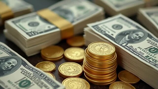 Stacks of dollar bills and gold coins arranged on a wooden surface, representing wealth and prosperity