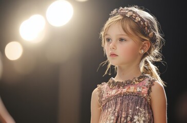 A fashion-forward little girl model walking on a runway,