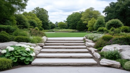 Obraz premium Tranquil garden steps leading to a lush landscape. A paved walkway leads to a series of wide stone steps ascending through a meticulously landscaped garden. Full of vibrant greenery,