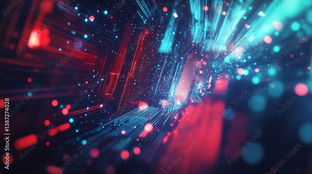 Poster an abstract circuit-style background featuring glowing circuits and microchips, with soft blue light