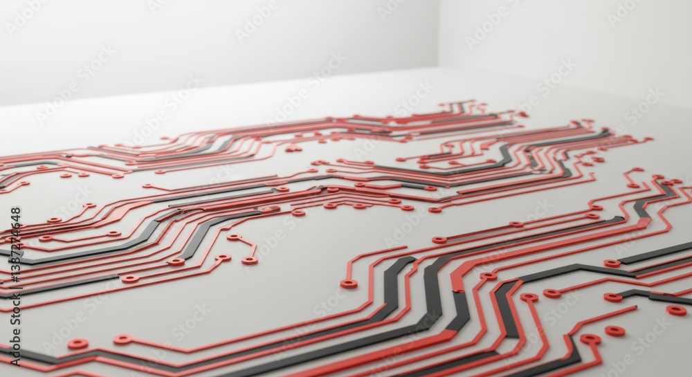 Aufkleber abstract red and black circuit board design: a 3d render of intricate technology pathways