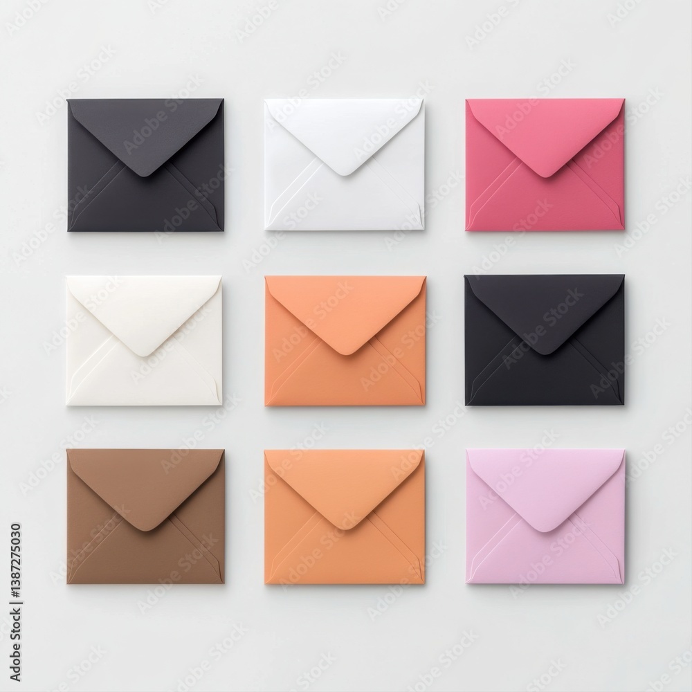 Aufkleber colorful envelopes arranged in a grid pattern on a light background showcasing various shades and st