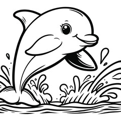 Playful Dolphin Leaping from Water Black and White Illustration for Coloring