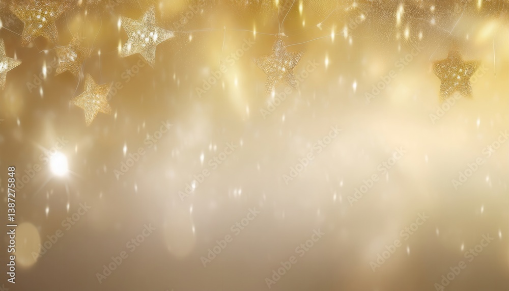 Poster golden glittering background with glowing sparkles, hanging light strings, shimmering bokeh, and fes