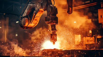 A heavy duty robotic arm in a steel foundry, lifting molten metal with extreme heat resistance, Industrial style