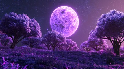 Fototapeta premium A celestial garden planet where the trees glow under a violet sun.