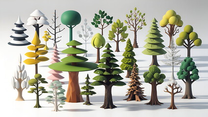 Collection of isometric trees illustrated in multiple styles and angles, including coniferous, deciduous, and stylized designs, perfect for game or map assets.
