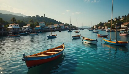 Colorful Boats Docked in a Serene Harbor on a Sunny Day