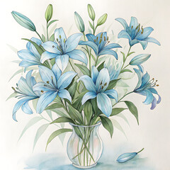 Watercolor Blue Lily Flowers Hand-Painted Floral Bouquet Artwork