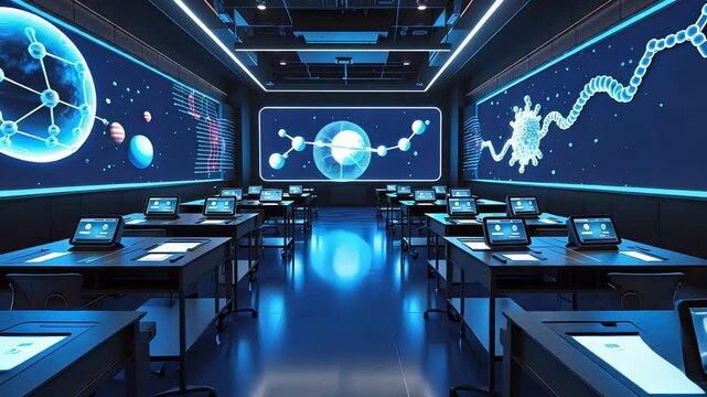 Futuristic High-Tech Classroom with Digital Displays, Molecular Structures, and Scientific Data on Walls


