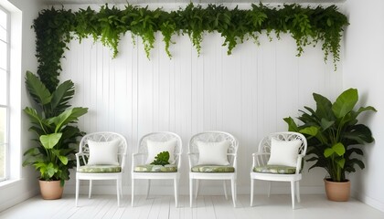 A bright, airy interior scene features a white wooden plank wall as the backdrop, partially obscured by lush greenery