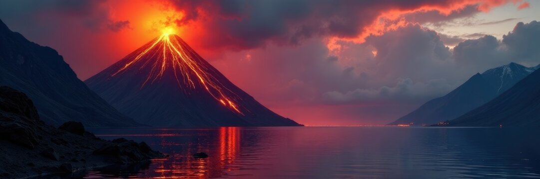 Erupting volcano spews lava down its slopes into a calm lake, lake, lava