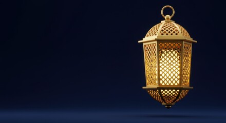 Golden Ramadan Lantern Illuminated Against Dark Blue Background Festive Islamic Decoration