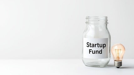 A glass jar labeled "Startup Fund" beside a lightbulb, symbolizing ideas and financial support for new business ventures.