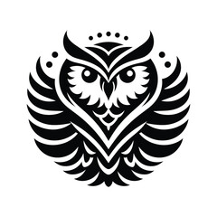 Stylized Owl Logo Design with Intricate Feather Pattern in Black and White