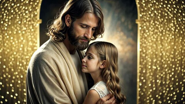 A tender moment as Jesus Christ hugs an innocent child 4K