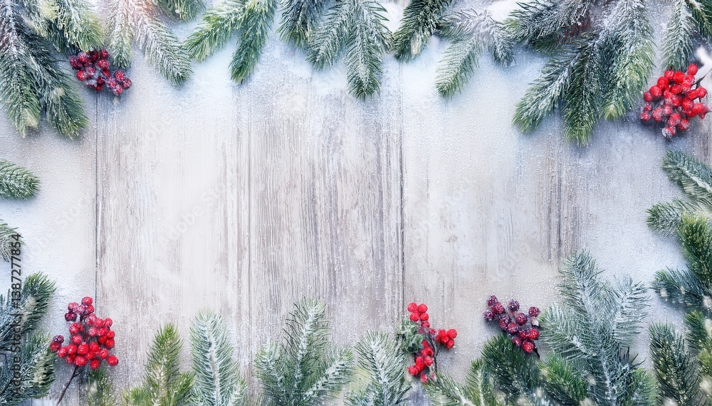 Poster snow dusted fir branches and red berries border on rustic white wood background ideal for christmas 