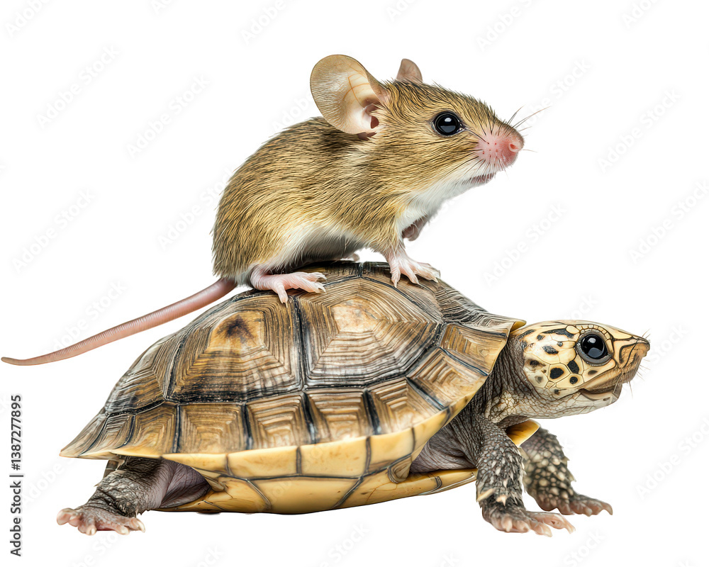 Poster mouse riding back of turtle creates whimsical and playful scene, showcasing unique bond between thes