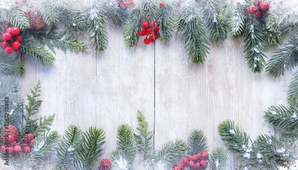 Poster snow dusted fir branches and red berries border on rustic white wood background ideal for christmas 