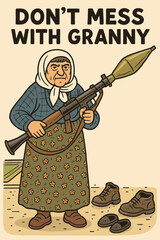 Cartoon Woman Holding Weapon Standing Near Footwear on Beige Background