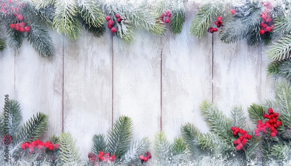 Poster snow dusted fir branches and red berries border on rustic white wood background ideal for christmas 