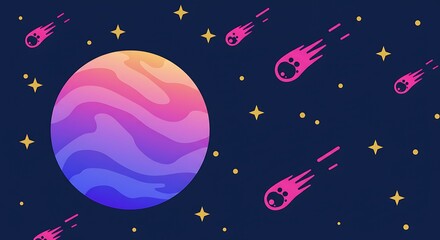 Cosmic Dance: Gradient Planet & Shooting Stars AI Generated