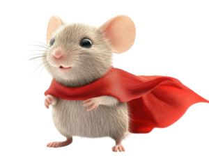 mouse dressed as tiny superhero with red cape stands confidently, showcasing playful and adventurous spirit. This charming character embodies courage and whimsy, perfect for imaginative