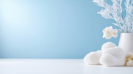 Fluffy white mittens rest on a white surface. A vase with a snowy branch and white flowers sits nearby. The pale blue background is softly lit. The image has a serene, minimalist style. Soft white