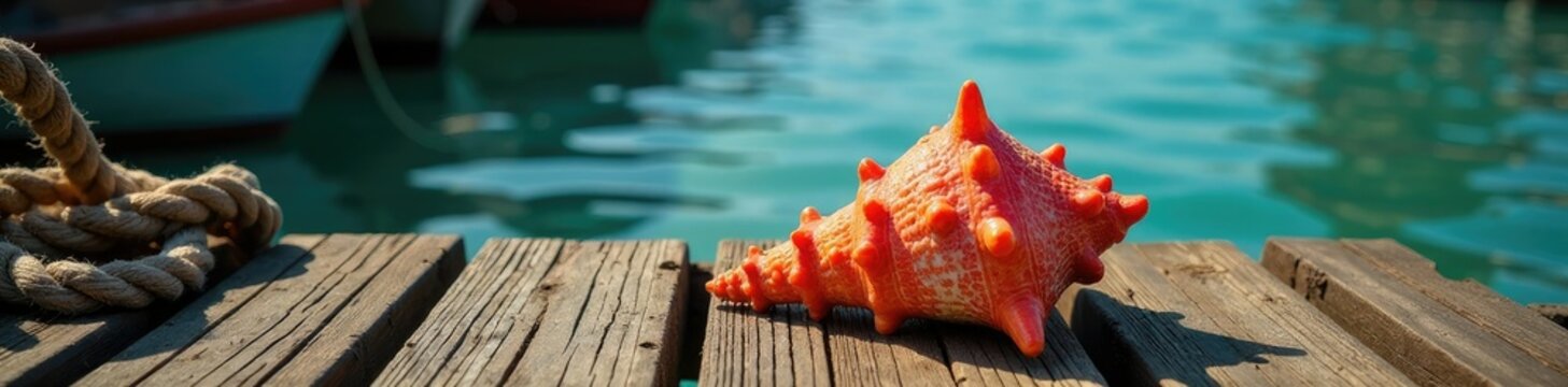 Harpago chiragra conch on a wooden dock with rope and netting, dock, fishing, harpago chiragra
