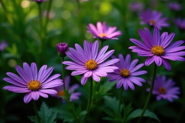 Obraz premium High angle shot of a row of purple daisies with lush greenery, green, high angle