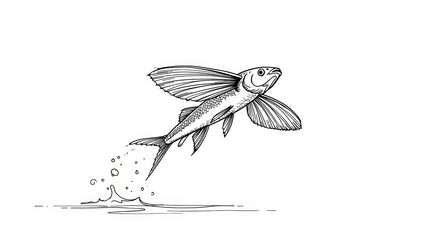 Flying fish leaping from the water, vintage line drawing of a marine animal for nautical themed designs, sea life themed postcards or ocean conservation posters.