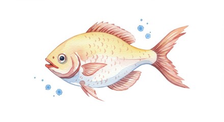 Perch in watercolor painting for educational print, greeting card, or kids book illustration, aquatic animal with golden scales and fins, cute fish