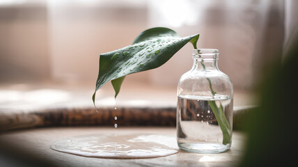 Fresh green leaf with water droplets falling into a glass bottle, symbolizing purity and natural essence.