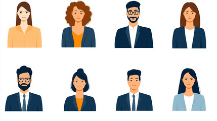 A diverse collection of eight professional business people avatars, featuring men and women in office attire.