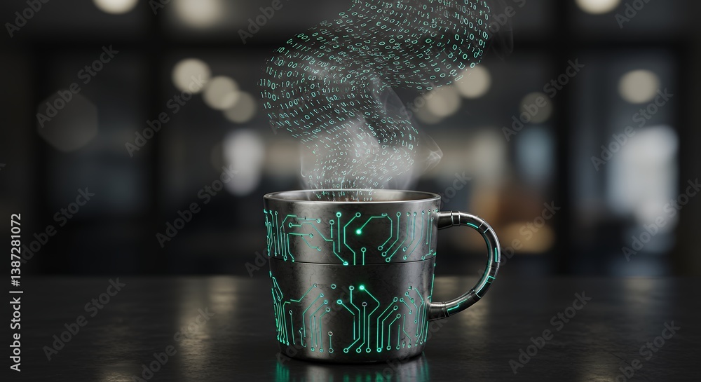 Poster futuristic cybernetic coffee cup steaming with digital binary code, innovative tech concept with cir