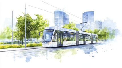 Naklejka premium modern tram travels through vibrant urban landscape, surrounded by lush greenery and contemporary buildings, evoking sense of movement