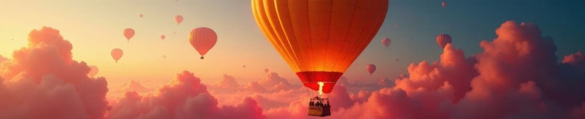 Fototapeta premium Hot air balloon filled with red and yellow gas, expanding, lifted, red