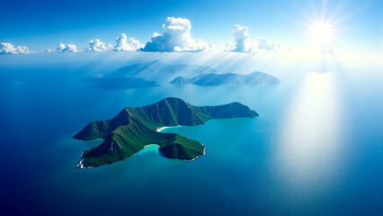 Scenic aerial view of a tropical island and surrounding seas on a sunny day